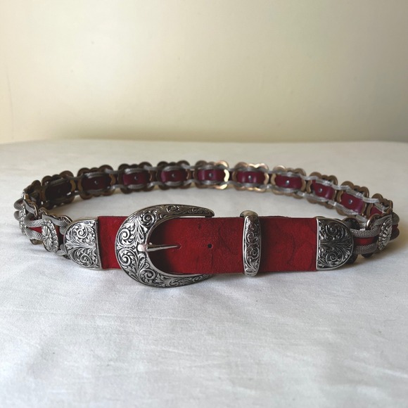 Nanni Italy Red Suede Silver Concho Chain Leather Belt 36...